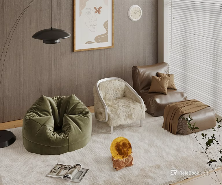 Modern Living Room With Comfortable Bean Bag Chair Plush Chair And Leather Sofa 3d model