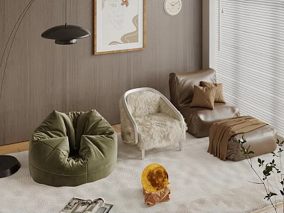 Modern Living Room With Comfortable Bean Bag Chair Plush Chair And Leather Sofa 3d model