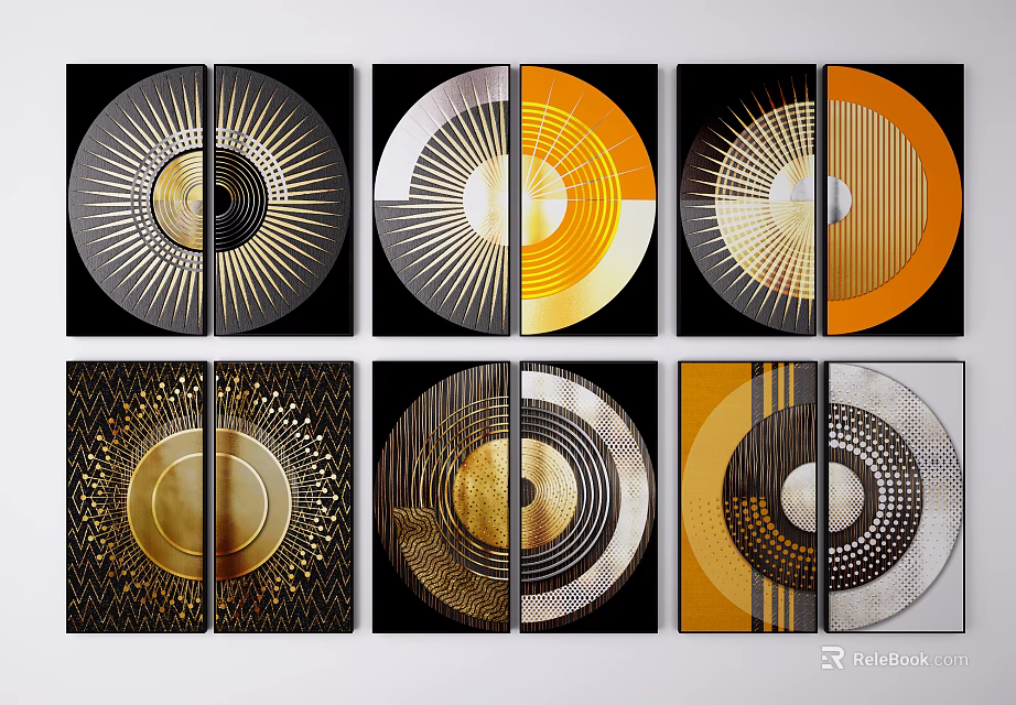 Abstract Decorative Paintings With Gold Black Orange Circular Patterns And Geometric Textures 3d model