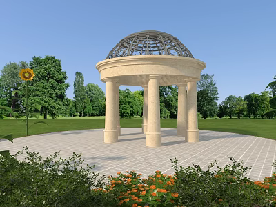 Stone Gazebo With Dome And Columns In Garden With Green Grass Trees And Flowers 3d model