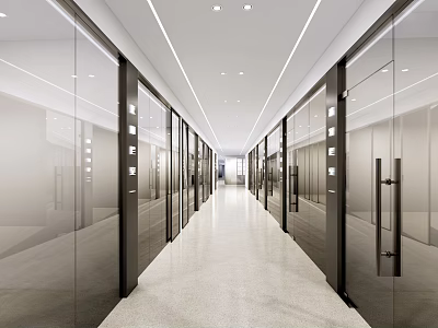 Modern Elevator Hallway With Glass Doors Polished Floor And Recessed Lighting 3d model