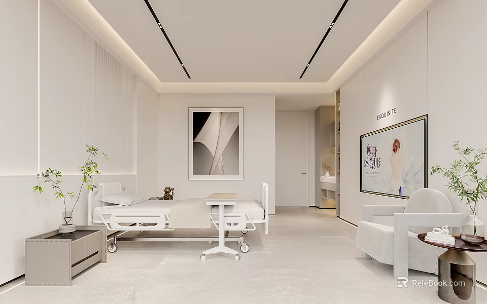 Modern Hospital Ward Interior With White Bed Comfortable Chair And Clean Design 3d model 