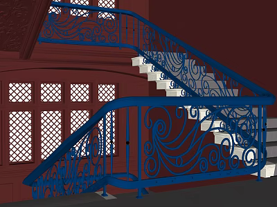 Staircase With Blue Wrought Iron Railings Intricate Scrolls Red Walls Lattice Windows And White Steps 3d model