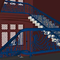 Staircase With Blue Wrought Iron Railings Intricate Scrolls Red Walls Lattice Windows And White Steps