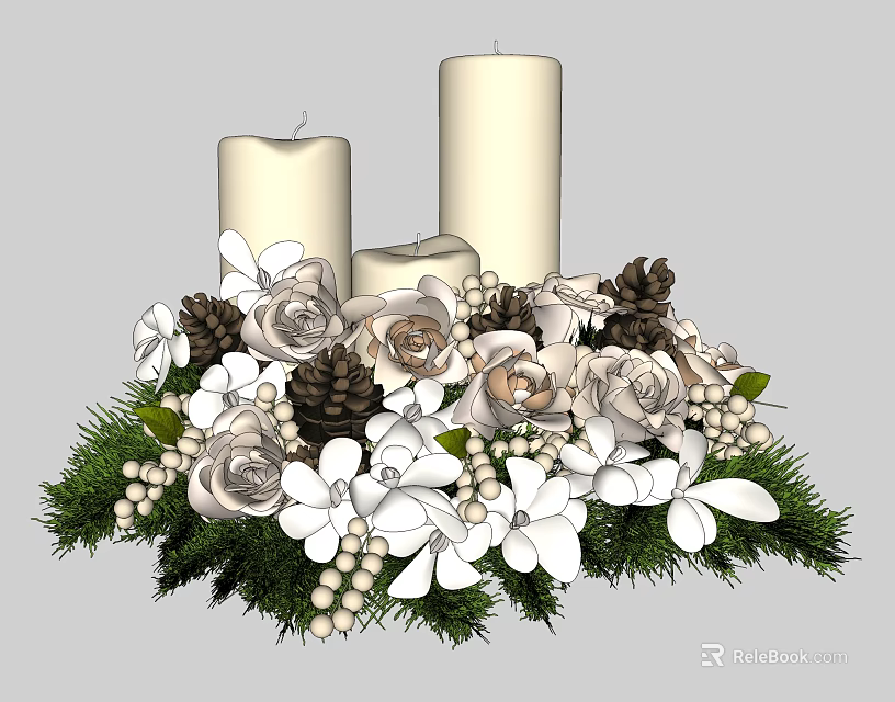 Elegant Decorative Ornament Set With White Candles Roses Pine Cones And Green Leaves 3d model 