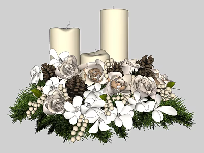 Elegant Decorative Ornament Set With White Candles Roses Pine Cones And Green Leaves 3d model