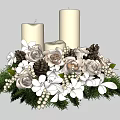 Elegant Decorative Ornament Set With White Candles Roses Pine Cones And Green Leaves