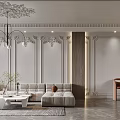 Elegant Dining and Living Room Interior With Marble Wall Multi Colored Curtains Sofa And Statue