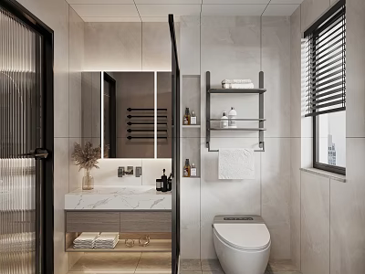 Modern Bathroom Interior With Marble Vanity Mirror Toilet And Shelves With Towels 3d model