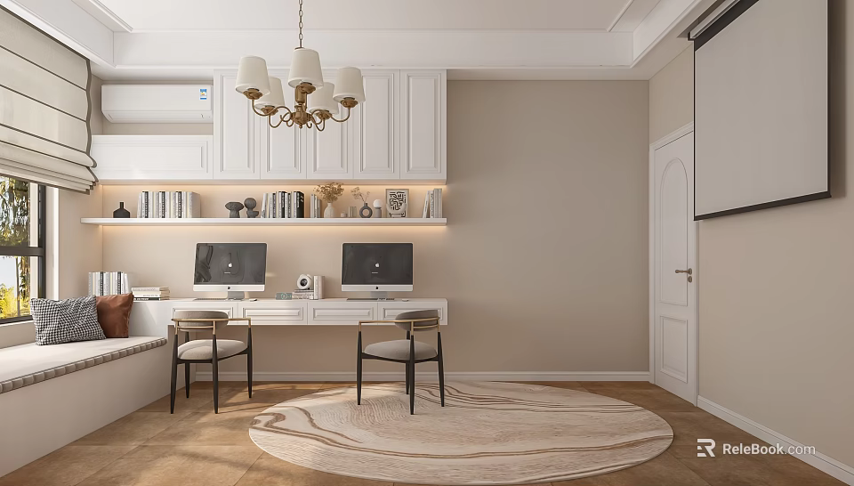 Study Room Interior Design With Chandelier White Cabinets Bookshelves Desk Two Computers And Round Rug 3d model 