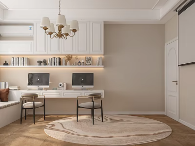Study Room Interior Design With Chandelier White Cabinets Bookshelves Desk Two Computers And Round Rug 3d model