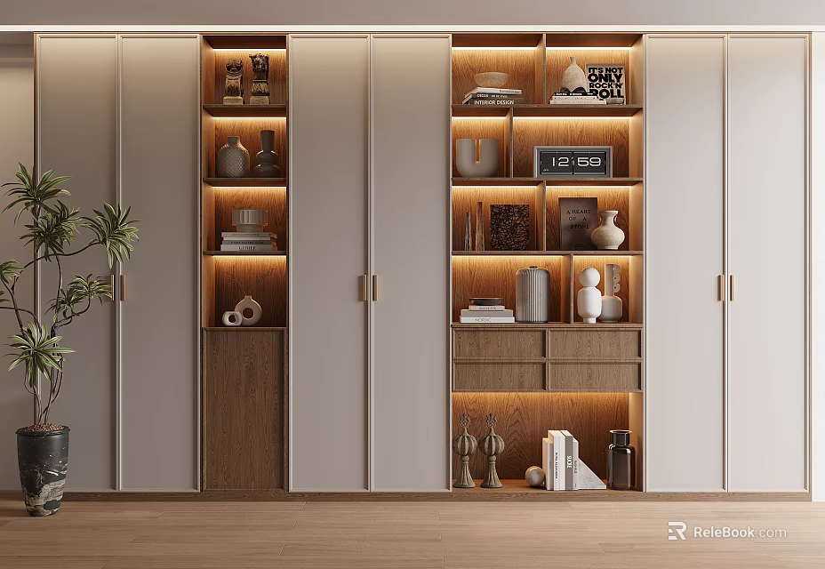 Modern Bookcase Interior With LED Lighting And Decorative Storage Shelves 3d model 