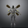 Futuristic Silver Mechanical Character With Biomechanical Design Solar Panel Wings And Yellow Accents