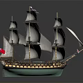 Detailed Sailing Ship Model With Multiple White Sails Yellow And Green Hull And Red Flag