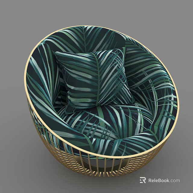 Elegant Single Sofa With Round Design Golden Metal Frame Palm Leaf Pattern And Cushion 3d model 