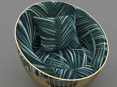 Elegant Single Sofa With Round Design Golden Metal Frame Palm Leaf Pattern And Cushion 3d model