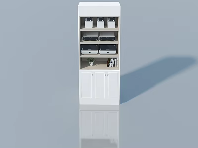 White Swing Door Storage Cabinet With Multiple Shelves Storage Boxes Plant And Books 3d model