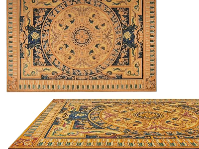 Traditional Square Rug With Intricate Central Floral Motif And Decorative Borders 3d model