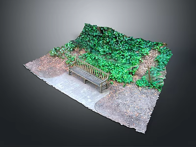 Small Courtyard Building With Wooden Bench Stone Path And Lush Green Foliage 3d model