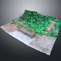 Small Courtyard Building With Wooden Bench Stone Path And Lush Green Foliage