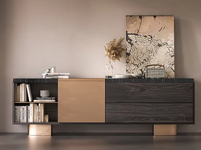 Modern TV Stand With Dark Wood And Gold Accents Open Shelves And Decorative Artwork 3d model