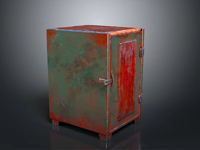 Rusty Green And Red Metal Cabinet With Worn Texture Door And Lock On Dark Background 3d model
