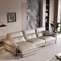 Modern Three Seater Leather Sofa In Interior With Marble Wall Decorative Painting And Green Plant