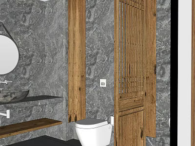 Modern Chinese Public Restroom With Marble Walls Wooden Screen Round Mirror Sink And Toilet 3d model