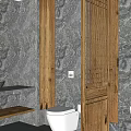 Modern Chinese Public Restroom With Marble Walls Wooden Screen Round Mirror Sink And Toilet