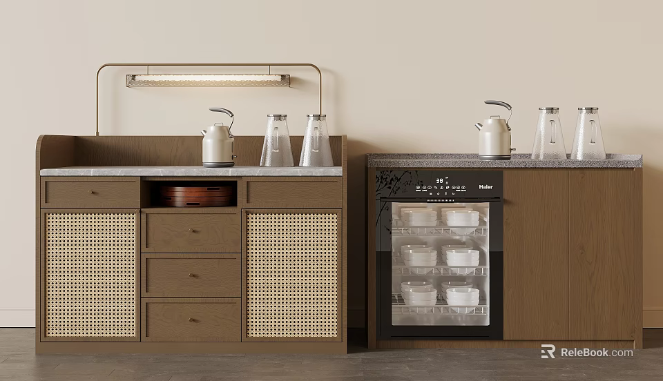 Modern Wooden Buffet Cabinet With Rattan Doors Overhead Light And Glass Door Wine Cooler 3d model 
