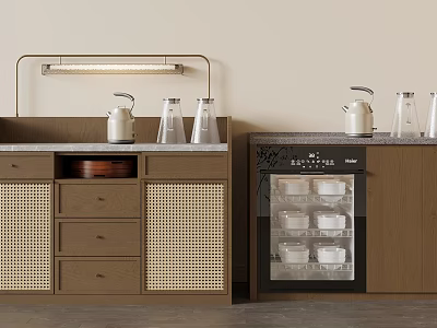 Modern Wooden Buffet Cabinet With Rattan Doors Overhead Light And Glass Door Wine Cooler 3d model