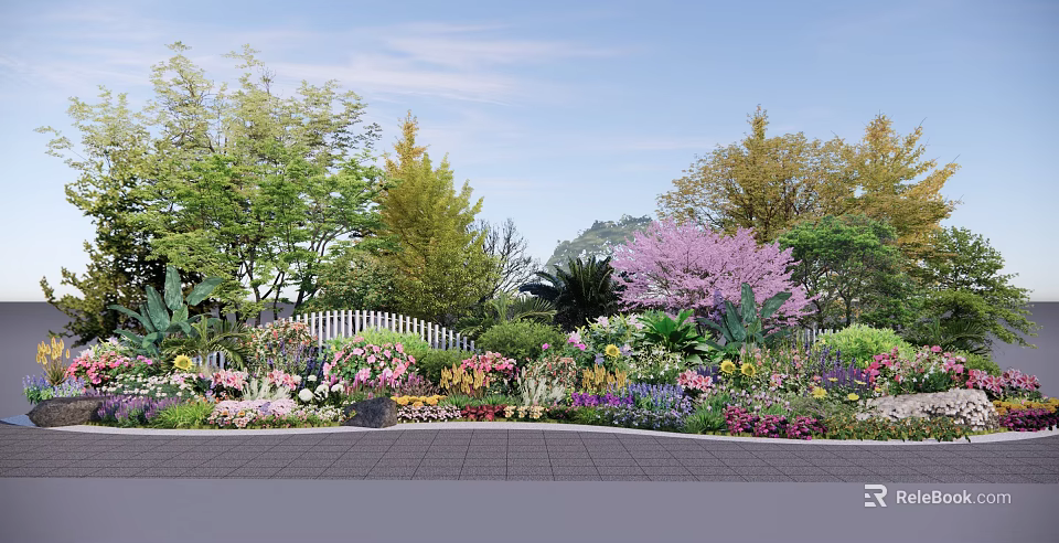 Colorful Flowers And Green Plants In Garden With White Picket Fence And Trees 3d model 