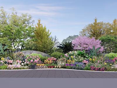 Colorful Flowers And Green Plants In Garden With White Picket Fence And Trees 3d model