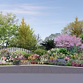 Colorful Flowers And Green Plants In Garden With White Picket Fence And Trees