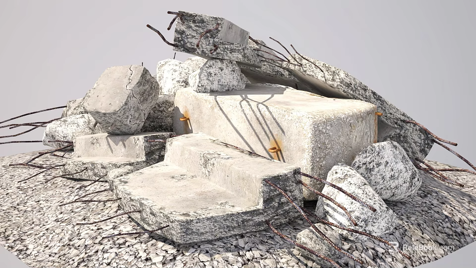 Stacked Stone Blocks And Wooden Debris With Rebar In Construction Site 3d model 