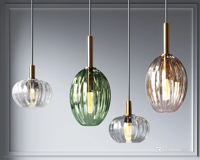 Colorful Glass Pendant Lights With Varied Shapes And Ribbed Design Hanging Indoors 3d model 