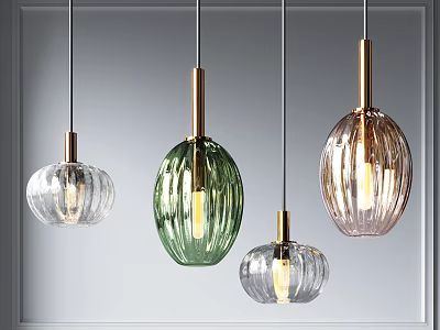Colorful Glass Pendant Lights With Varied Shapes And Ribbed Design Hanging Indoors 3d model