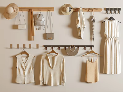 Neutral Toned Clothing And Accessories On Wall Mounts 3d model