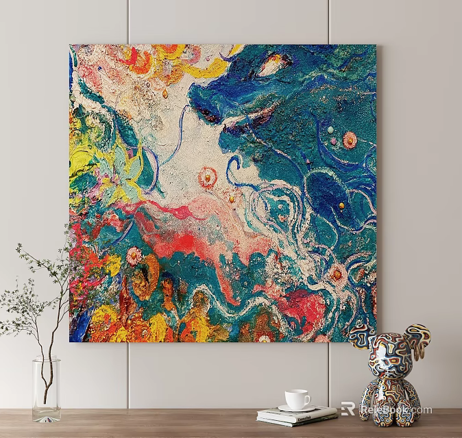 Vibrant Abstract Painting With Colorful Fluid Patterns And Dynamic Textures On Wall 3d model 