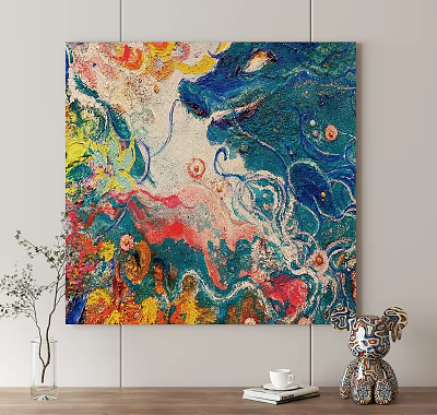 Vibrant Abstract Painting With Colorful Fluid Patterns And Dynamic Textures On Wall 3d model