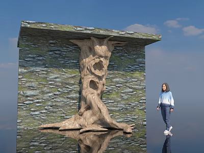 Arbor Trunk Structure With Hollow Holes And Roof Like Top Near Person On Reflective Ground 3d model