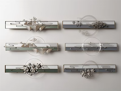 Modern Wall Decor Six Long Rectangular Pieces with Metal Geometric Shapes and Floral Minimalist Designs 3d model