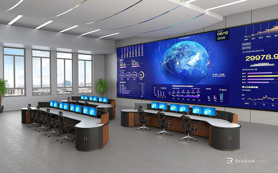 Modern Control Room Featuring Large Earth Display Multiple Workstations And Data Charts 3d model 