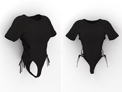 Black Short Sleeve Knitted Bodysuit With Lace Up Back Design 3d model