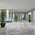 Modern Lobby Interior With LOGO Wall Reception Desk Plants Sofa And Marble Floor