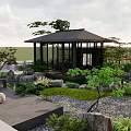 Courtyard Garden Featuring Pond Pavilion Outdoor Seating Stone Paths And Lush Green Plants