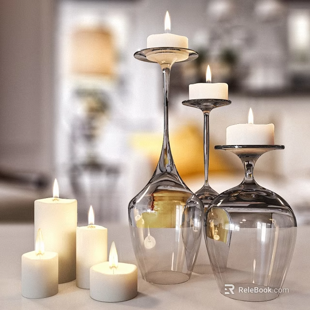 Modern Clear Glass Candle Lamps With Lit Candles And Decorative Design For Home Decoration 3d model 