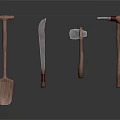 Various Wooden Handle Hand Tools Including Shovel Knife Axe And Red Accent Tool