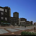 Modern Commercial Street With Pedestrian Square Fountains Shops And Evening Lighting