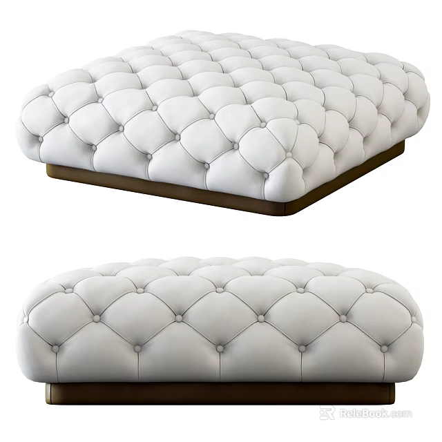 White Upholstered Tufted Ottoman Bench with Dark Wooden Base and Classic Design 3d model 